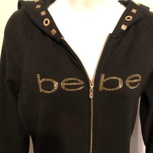 RARE Bebe Logo Black Hooded Dress with Gold Accent